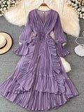 gwmlk Autumn New Holiday Style Ankle Length Long Dresses Women Sexy V Neck Puff Sleeve Lace Elegant Evening Party Summer Dress