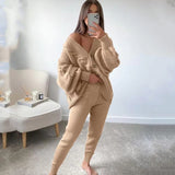 gwmlk Women Knitting Two Pieces Sweater Suit Hemp Flower V-Neck Single-Breasted Cardigan + Pants Lady Winter Casual Sweater Set