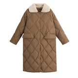 Gwmlk Collar Oversize Rhombus Pattern Long Parkas Pocket Female Warm Long Cotton Overcoat Single Breasted