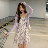 Gwmlk Summer Purple Two-piece Sets Dress for Women Floral Slip Mini Dress+Sunscreen Shawl Cardigan Woman 2023 New Sundress