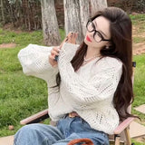 Gwmlk Spring Autumn Women's Sweater Korean Style Loose Hollow Out Knitted Jumpers Ladies All-Match V-Neck Casual Pullover Top