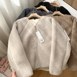 Gwmlk Fur Women Coats Autumn Winter Solid Thick Warm V-Neck Long-Sleeved Casual All Match Female Outwear Jackets