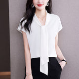 Gwmlk Tie Blouse Shirt for Women OL Elegant Blouses Satin Womens Tops Silk Female Clothing 2023 Korean Fashion Short Sleeve Blouse