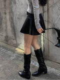 gwmlk Y2K Bandage Leather Pleated Skirts Punk Grunge Goth Black Mini Skirts Korean Streetwear Fashion Short Skirts Retro 90s