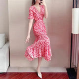 Gwmlk Pink Floral Summer Dress for Women Korean Printed Chiffon V-neck Long Dresses Female Elegant Ruffles A-Line Party Dress