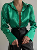 gwmlk Women 2023 Elegant Satin Solid Long Sleeve Blouses Female Chic Vintage Blue Green Casual Loose Fitting Buttons Down Shirts Tops