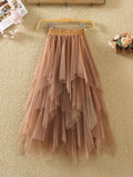 gwmlk Women irregular Tulle Skirts Fashion Elastic High Waist Mesh Tutu Skirt Pleated Long Skirts Midi Skirt Saias Faldas Jupe Femmle