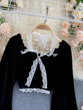 gwmlk Halter Lace Patchwork Short Blouse For Women Casual Puff Sleeve Velvet Shirt Female Black Tops New Fashion Autumn Winter