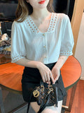 Gwmlk Shirts V Neck Fashion Hollow Out Chiffon Women Blouse and Tops New Office Lady Short Sleeve White Clothing Blusas 20231