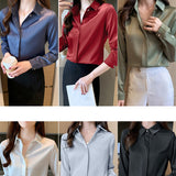 Gwmlk Spring Women's Shirts Satin Blouse for Women Long Sleeve Shirt Silk White Shirt OL Woman Solid Blouses Pullover Ladies Tops