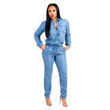 Gwmlk Women Drawstring Lace Up Denim Jumpsuit Fashion Autumn Dark Blue Lapel Sleeve Button Romper Female Pencil Pants Jeans Jacket