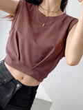 gwmlk Arrival Spring Summer Solid Colour Casual Loose Short O-Neck Tank Tops Sports Vest Folds Top