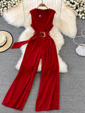 gwmlk Vintage V-Neck Sleeveless High Waist Jumpsuits Women Elegant Loose Wide Leg Romper With Sashes Female Playsuits New 2023