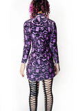 Gwmlk Goth Aesthetic Elegant High Necked Long Sleeved Bat Skull Print Dress Sexy Slim Mini Dress Fairy Grunge Halloween