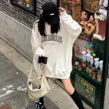 Gwmlk Harajuku Streetwear Sweatshirt for Women Black White Oversized Letter Print Hoodies Woman Loose O-Neck Hoody Clothes