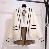 Gwmlk College Style Loose Knitting Cardigan Woman Harajuku Striped Pockets Cardigan Sweater Autumn Winter Thicken Warm Knit Coats