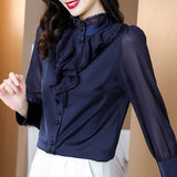 Gwmlk Lace Chiffon Women Blouse 2023 OL Youth Women Shirts Fashion Long Sleeve Top Dark Blue Button Female Clothing 20389