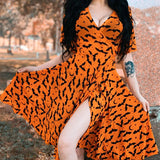 Gwmlk Orange Deep V-neck Fairy Grunge Dress Women Mall Gothic Aesthetics Elegant Bat Pattern Split Sexy Dress