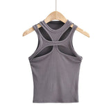 gwmlk New Asymmetrical Hollow Solid Color Knitted Round Neck Short-sleeved Summer Sexy Vest on The Chest