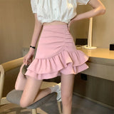 Gwmlk Irregular Ruffles Short Skirts Woman Korean Fashion High Wiast Mini Skirt for Women Black White Pink Fishtail Skirts