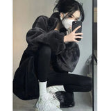 Gwmlk Black Faux Rabbit Fur Jacket Women Winter Long Sleeve Stand Collar Warm Plush Coat Casual Loose Thicken Student Outwear