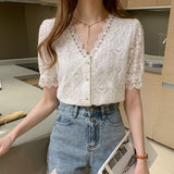 Gwmlk Women Tops and Blouse Korean V-neck New Lace Shirts Stitching Women Short-sleeved Lace Hollow Out Top Female Blusa 13985