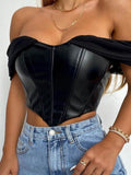 gwmlk PU leather Sexy Bustier Corset Top Off Shoulder Chiffon White Strapless Female Top Cropped Tops Women Clothes