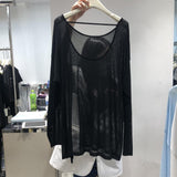 Gwmlk T-shirt Loose Large Size Is Thin Round Neck Open Back Thin Section Slightly Transparent Slit Long-sleeved T-shirt