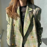 Gwmlk 2023 Women Vintage Plaid Blazer Coat Fashion Double Breasted Female Outerwear Streetwear Loose Lapel Long Sleeve Jacket