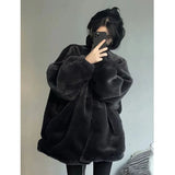 Gwmlk Black Faux Rabbit Fur Jacket Women Winter Long Sleeve Stand Collar Warm Plush Coat Casual Loose Thicken Student Outwear