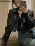 Gwmlk Black Cropped Leather Jacket Women Streetwear Zipper Moto Leather Jacket High Street Vintage Soft Faux Leather Coats 2023