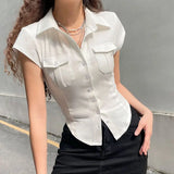 Gwmlk Uniform Short Sleeve Shirts Women Korean Turndown Collar Pockets White T-Shirt Slim Fit Single-Breasted OL Woman Clothes