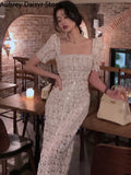 Gwmlk Sexy Long Lace Dress Women Korean Elegant Vintage Chic Design Bodycon Dress Female Summer Casual Evening Party Dress