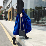 Gwmlk Vintage Velvet Pleated Skirt for Women 2023 Spring New Long High Waist Skirts Korean Fashion A-line Midi Skirt Female