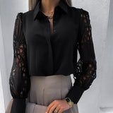 Gwmlk long Lace sleeve White Hollow Out Women Blouse Vintage Button Up Black Shirts Tops 2023 Spring Mesh Design Tops Femme 19948