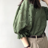 Gwmlk Summer Elegant Ruffles Blouse Hollow Out Shirt 3/4 Sleeve O-Neck Embroidery Floral Tops Female Fashion Casual Shirt