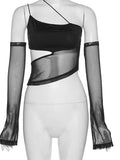 gwmlk Cut Out Mesh Crop Top with Sleeves Fairy Grunge Clothes Transparent Camisole Tank Tops