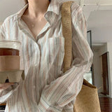 Gwmlk Simple Striped Shirts Women Summer Long Sleeve Turn Down Collar Office Lady Blouses Harajuku Single Breasted Thin Tops