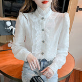 Gwmlk Korean Fashion Lace Chiffon Blouse Women Elegant Ruffles Patchwork Ladies Shirts White Stand Collar Long Sleeve Tops 18874