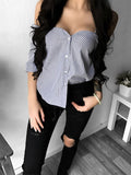 gwmlk Stripe Blouse Women Autumn Long Sleeved Shirts Tops Fashion Off Shoulder Button Blouses Strapless Slash Neck Blouse Clothes