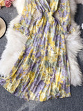 gwmlk Autumn Women Floral Long Dress Vintage V-Neck Flare Sleeve Backless High Waist A-Line Big Swing Maxi Vestidos New Fashion