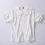 Gwmlk Style Kawaii Peter Pan Collar Blouses Women Summer Sweet Ruffle Short Sleeve White Shirt Girl Japanese Lolita Jk Shirts