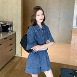 Gwmlk Women Denim Sets Summer 2023 New 2 Piece Set Solid Short Sleeve Coat + Shorts Jeans Sets Office Lady Elegant Female Denim Suits