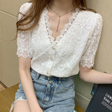 Gwmlk Women Tops and Blouse Korean V-neck New Lace Shirts Stitching Women Short-sleeved Lace Hollow Out Top Female Blusa 13985