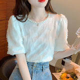 Gwmlk Elegant Beading Lace Blouse Puff Short Sleeve Women Korean Shirts O-neck Sweet Pleated New Casual Loose Tops Blusas 27169