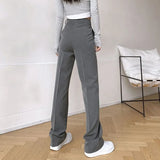 Gwmlk Spring Autumn Women's Lengthen Suit Pants Fashion High Waist Loose Straight Pants Black Gray Office Ladies Trousers