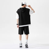 Gwmlk Men's Large Size Sports Suit Breathable Casual Wear Wild High Street Chic Fake Two-piece Casual T-shirt + Simple Shorts