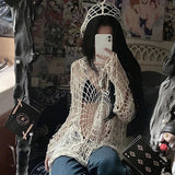 Gwmlk Y2K Hollow Knit Hooded Tops Women Goth Spider Web Spice Girl Mesh Pullovers Female Korean Fashion Fishing Net Sweaters