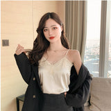 Gwmlk Summer Satin Crop Top Women Camis Roupas Silk Off White Lace Tops Female Camisole Black Halter T-shirts Basic Woman Clothes