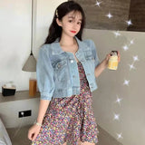 Gwmlk Vintage Women's Denim Jacket Korean Fashion Half Sleeve Cropped Jean Jackets Female 2023 Summer All-Match Lapels Coat